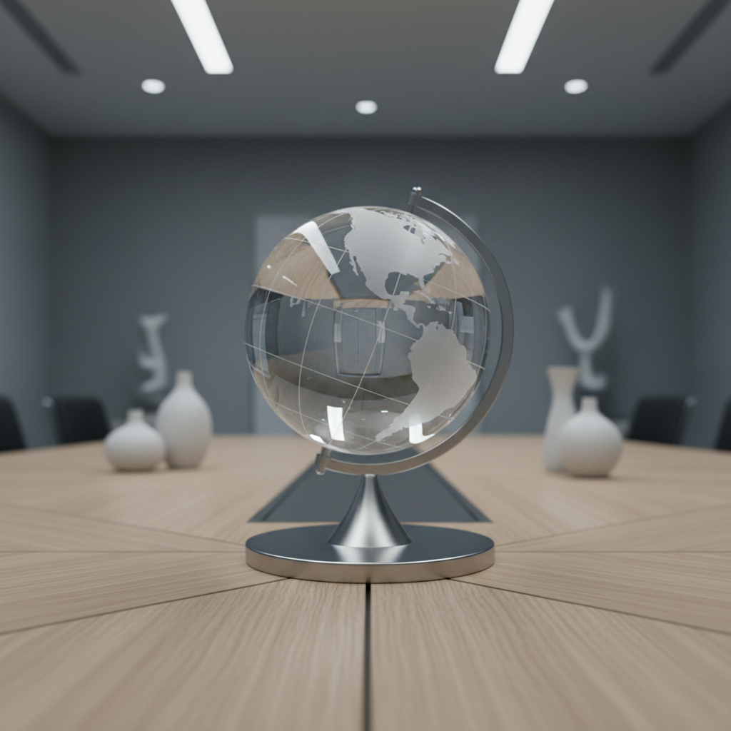 A close-up of a modern, transparent crystal globe etched with the outline of North America, positioned on a brushed steel base atop a geometric wooden conference table. Neutral-toned walls and minimalist decor surround the scene, bathed in soft, cool-toned artificial lighting from overhead. This lighting produces subtle reflections and faint precision-cast shadows on the table’s surface. The mood is objective, polished, and analytical, with the composition favoring asymmetrical balance and a low-angle perspective to emphasize the globe’s prominence. The photographic style is clean and corporate—reinforcing the site's focus on global business and political coverage.